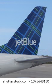 WEST PALM BEACH, FLORIDA - MARCH 31, 2019: JetBlue Tail Fin At West Palm Beach Airport, Florida