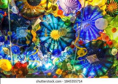 WEST PALM BEACH, FLORIDA - MARCH 28, 2019: Chihulys Persian Sea Life Ceiling (2003) at the Norton Museum of Art in West Palm Beach, Florida