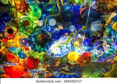 WEST PALM BEACH, FLORIDA - MARCH 28, 2019: Chihulys Persian Sea Life Ceiling (2003) at the Norton Museum of Art in West Palm Beach, Florida
