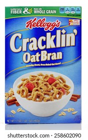 WEST PALM BEACH, FLORIDA - March 1, 2015: Blue Box Of Kellogg's Cracklin' OatBran Breakfast Cereal With Photo Of Serving Suggestion On The Front. Kellogg's Logo Is Red, The Rest Of The Label Is White