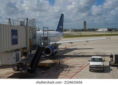 WEST PALM BEACH, FLORIDA - OCTOBER 29, 2020: JetBlue Plane On Tarmac At Palm Beach International Airport, Florida