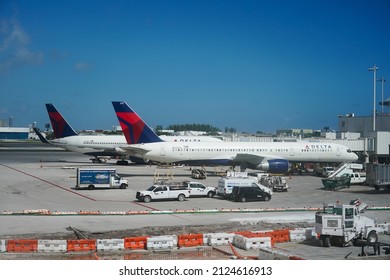 WEST PALM BEACH, FLORIDA - OCTOBER 29, 2020: Delta Airlines Planes On Tarmac At Palm Beach International Airport, Florida