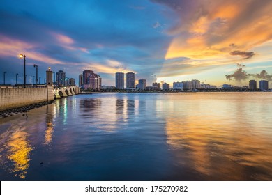 West Palm Beach, Florida Skyline At Sunset.