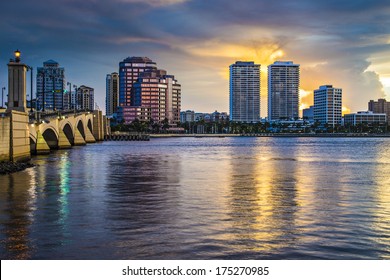 West Palm Beach, Florida Skyline At Sunset.