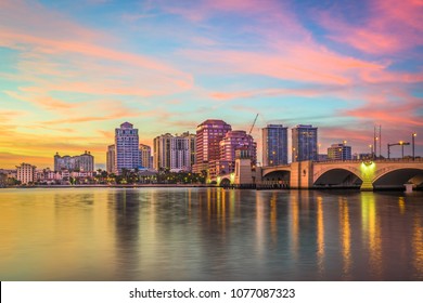 West Palm Beach, Florida, USA downtown skyline at dusk.