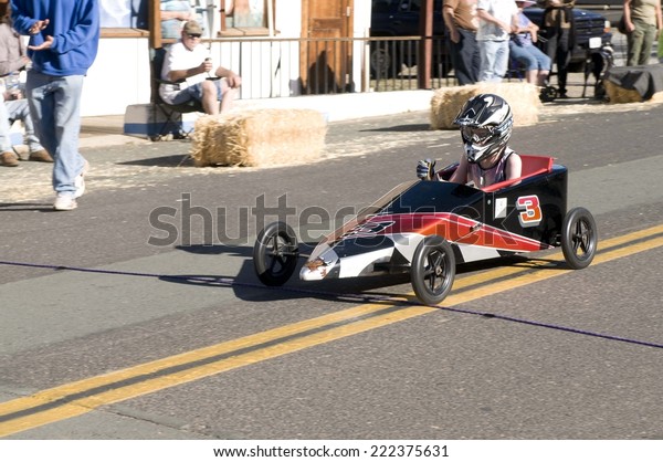 West Point, CA October 4, 2014: Lumberjack day,\
a typical slice of Americana, a children\'s soapbox race down Main\
St, starting the events for the day in this small American Sierra\
foothills community