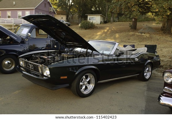 WEST POINT, CA - OCTOBER 6: 1970\'s\
Ford Mustang at the antique vehicle and hot rod car rally at the\
38th Lumberjack day parade, on October 6, 2012 in West\
Point.