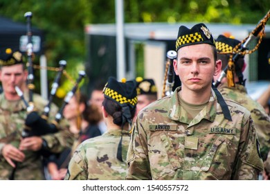 West Point, New York - August 30, 2019: Cadet Member Of The West Point Military Academy Pipes And Drums Band