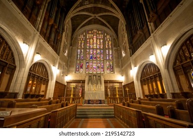 West Point, NY - USA - Aug 26, 2022 An Interior View Of The Historic Cadet Chapel At The United States Military Academy. The Chapel Is A Late Example Of Gothic Revival Architecture.