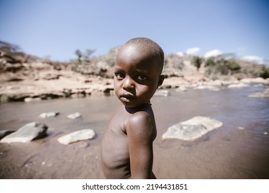 West Pokot, Kenya - 01.26.2017: A Missionary Team From A Charitable Foundation Came To Help Homeless Children. They Share Food, Clothes And Water. Hunger And Unemployment In Africa.