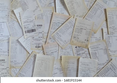 WEST POMERANIAN / POLAND - 2020: Stack Of Fiscal Receipts From Grocery Stores And Petrol Stations

