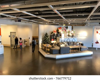 WEST SACRAMENTO, CA, USA - NOV 28, 2017: Interior Of Christmas Living Room And Furniture Showcase, Large IKEA Store With A Wide Range Of Products 