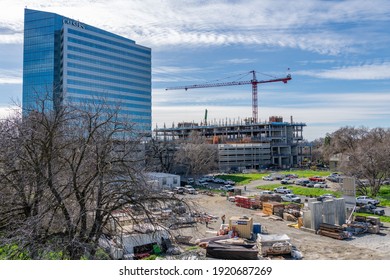 West Sacramento, California. February 16, 2021. Construction On The Cal STRS Building. 