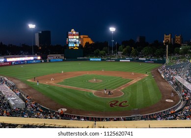 WEST SACRAMENTO, CA/U.S.A. - JUNE 29, 2018: A Photo Of Raley Field Minor League Baseball Stadium During A River Cats Versus Fresno Grizzlies Baseball Game.