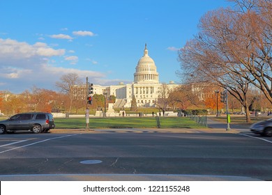 The West Side Of The United States Capitol Building Washington, DC With Christmas Tree In Fall From The Mall