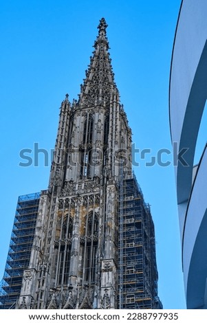 The west steeple of the world-famous Ulm Minster, a Gothic cathedral edifice, is the highest church steeple in the world with a height of 161.53 meters, Ulm, Baden-Wurttemberg, Germany, Europe.