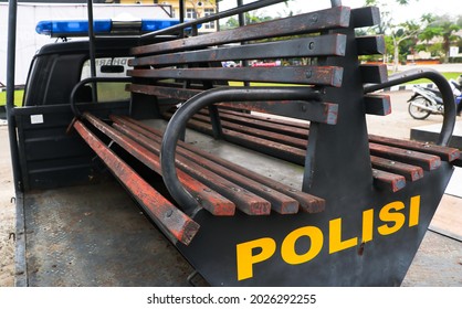 West Sumatra, Indonesia , August 17, 2021 : Indonesian Police Patrol Car Back Seat