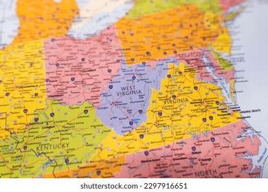 West Virginia state on the map. Discover the West Virginia state through this Map. Map of the West Virginia state with selective focus on state name - Shutterstock ID 2297916651