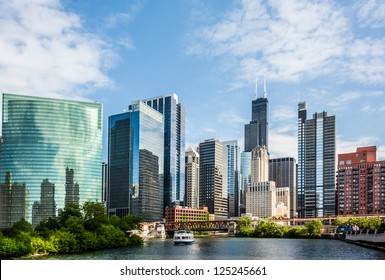 West Wacker Drive Skyline in Chicago as seen from the city river