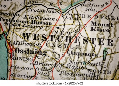 Westchester County, New York. Selective focus on name. Old map fragment originally dated 1897.