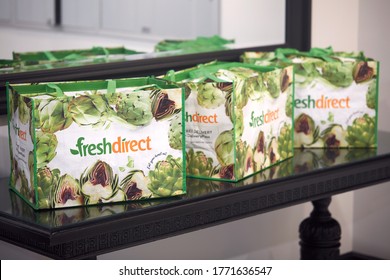 WESTCHESTER, NEW YORK - MAY 28, 2020: FreshDirect Delivery Bags - Photo Of Several FreshDirect Delivery Bags Placed In An Apartment Building Lobby/mail Room For An Unattended Customer Order Delivery.