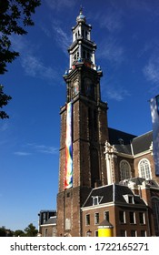 Westerkerk Church In Amsterdam With Rainbow Color Decorations Celebrating Amsterdam Gay Pride