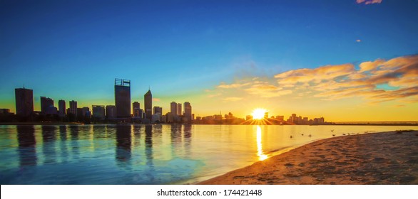 Western Australia - Sunrise View of Perth Skyline from Swan River 