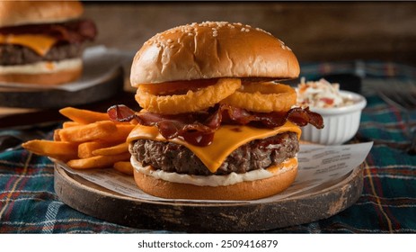 Western Bacon Cheeseburger : This burger features a charbroiled beef patty topped with crispy bacon, cheddar cheese, BBQ sauce, and onion rings, delivering a sweet and smoky - Powered by Shutterstock