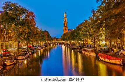 Western Church On Prinsengracht Canal In Amsterdam