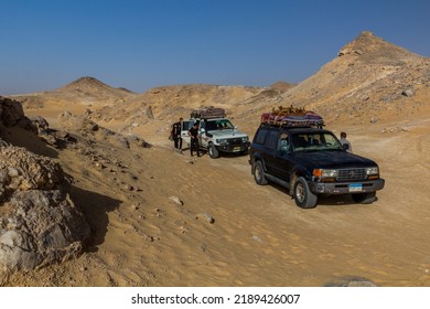 WESTERN DESERT, EGYPT - FEBRUARY 6, 2019: 4WD Vehicles At The Crystal Mountain In The Western Desert, Egypt