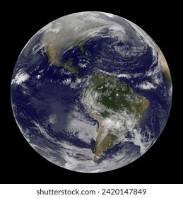 The western hemisphere, captured by the GOES satellite, shows snow blanketed on the continental U.S., white clouds swirling over blue oceans, central and South America appear green and brown.
