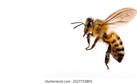 western honey bee or European honey bee - Apis mellifera - closeup side view in flight flying in mid air. isolated on white background. producer of honey  - Powered by Shutterstock