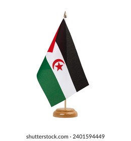 Western Sahara Flag, small wooden west saharan table flag, isolated on white background