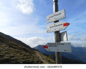 Western Tatra National Park, Poland - September 17th 2018: a signpost marking the trails to the Red Peaks.