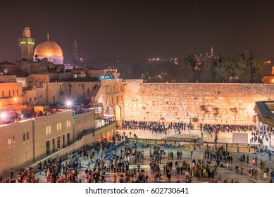 Western Wall At Night In Jerusalem Old City, Israel.