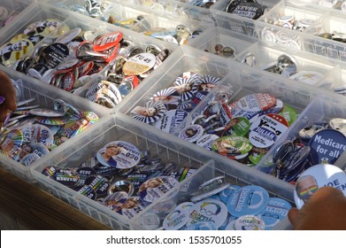 Westerville, Ohio October 15, 2019: 
Political Candidate Buttons And Pins For Sale Nearby Otterbein College The Eve Of 2020 DNC Debate.