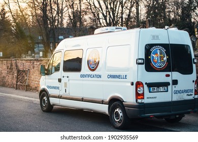 Westhoffen, France - Feb 20, 2019: White Van From Gendarmerie Criminal Identification Team Parked Near The Jewish Cemetery After Vandalism Acts On The Tombes