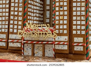 Westin Replica at buffet line, Gingerbread building with “Merry Christmas” Sign in Festive Display, Shanghai, China, December 24, 2019 - Powered by Shutterstock