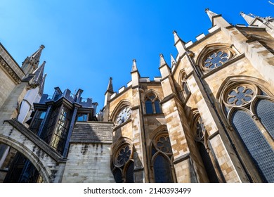 Westminster Abbey, London. Detail Of This Medieval Building Against Blue Sky Background.  Space For Text. 