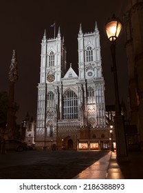 Westminster Abbey At Night. Collegiate Church Of St Peter At Westminster Abbey, Place Of Coronation Of The English Monarchy. Light Reflections. City Of Westminster