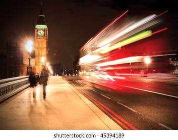 Westminster Bridge In London At Night With Big Ben And Bus