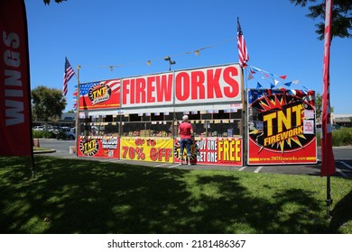 Westminster, California - USA - July 4, 2022: TNT Brand Fireworks Stand. A Fireworks Stand Selling Forth Of July Fireworks To The Public. Fireworks For Sale. Explosive Devices For Celebrations. 
