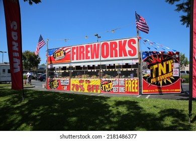 Westminster, California - USA - July 4, 2022: TNT Brand Fireworks Stand. A Fireworks Stand Selling Forth Of July Fireworks To The Public. Fireworks For Sale. Explosive Devices For Celebrations. 