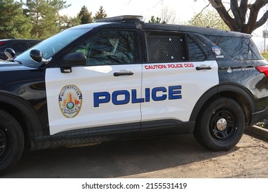 Westminster, CO USA - May 3, 2022: Black And White Panel Westminster Police Cruiser Vehicle. Caution Police Dog.