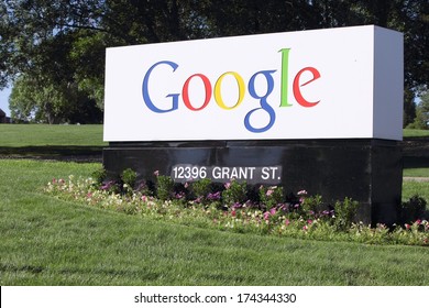 WESTMINSTER, COLORADO/U.S.A.- JULY 9, 2011: Google Corporation entrance sign. Flowers and grass surround the sign, with trees in the background.