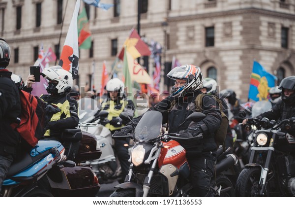 Westminster, London | UK - 2021.05.08: Rally of\
bikers from Rolling Thunder UK at Parliament Square  march in\
support of\
veterans