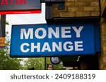 Westminster, London, United Kingdom - June 19th 2023: A money change sign outside a foreign exchange bureau or bureau de change in London