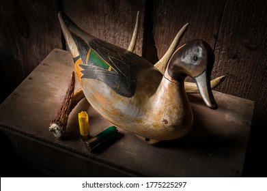 Westover, Maryland /USA - July 13th 2020: Replica Pintail duck decoy from the Ward brothers of crisfield maryland and deer antler shed.
