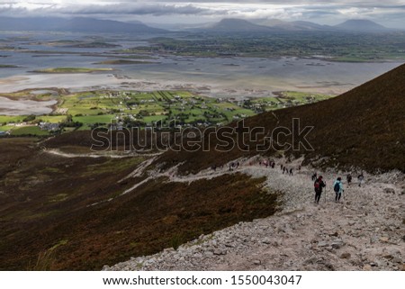 Westport bay and islands with farms and beaches taken from Croagh Patrick mountain, Westport, Ireland