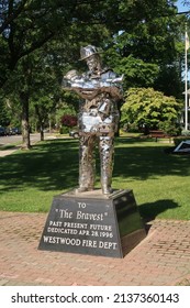 WESTWOOD, NJ, USA  - June 14, 2017: Fireman statue at Westwood Avenue and Harrington Avenue in Westwood. Editorial use only. 